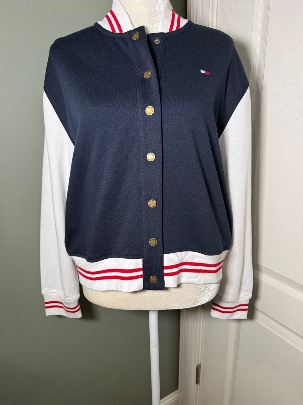 Tommy Hilfiger Varsity Bomber Jacket Navy White Red Snap Front Size Medium NWT